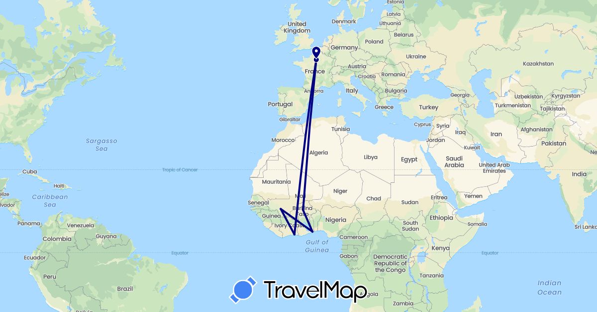TravelMap itinerary: driving in Burkina Faso, Côte d'Ivoire, France, Mali, Togo (Africa, Europe)